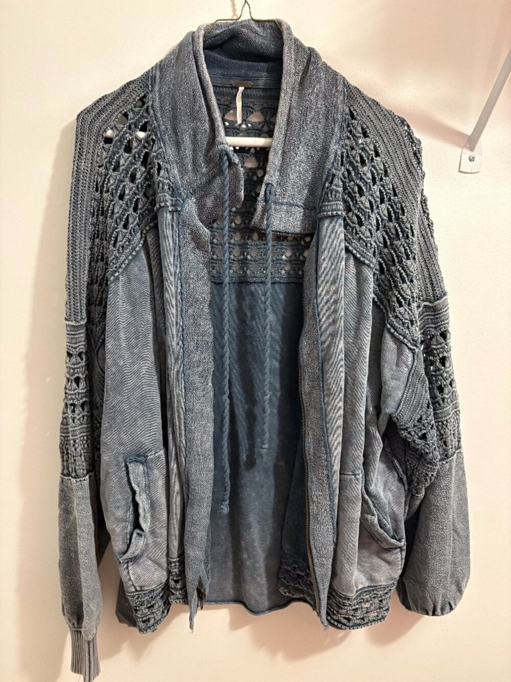 Free People Acid Wash Crochet Trim Zip Jacket Size L